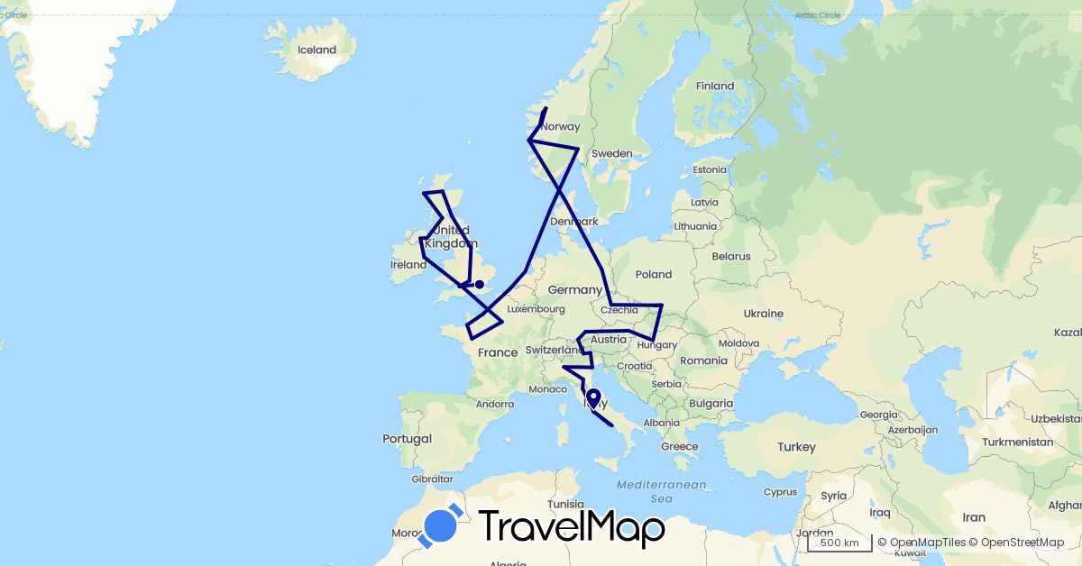 TravelMap itinerary: driving in Austria, Belgium, Czech Republic, Germany, France, United Kingdom, Hungary, Ireland, Italy, Netherlands, Norway, Poland (Europe)